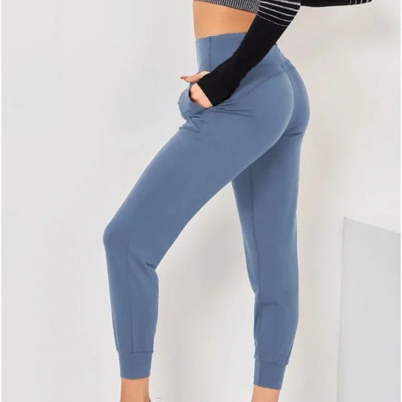SHEIN breathable softness wide waistband slant pocket sport pants leggings blue - Picture 3 of 6